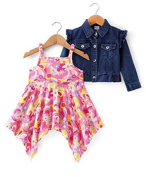 Babyhug Knit Full Sleeves Jacket with Singlet Floral Printed Frock  - Pink & Blue