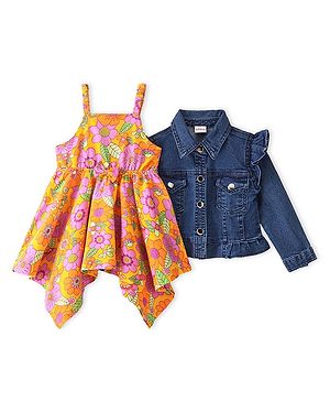 Babyhug Sleeveless Floral Printed Frock with Jacket - Orange