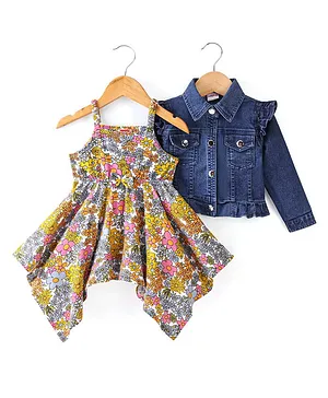 Babyhug Knit Full Sleeves Jacket with Frock Floral Printed - White & Blue