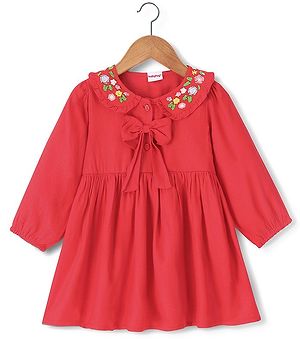 Babyhug Viscose Rayon Woven Full Sleeves Floral Embroidered One Piece Frock - Red
