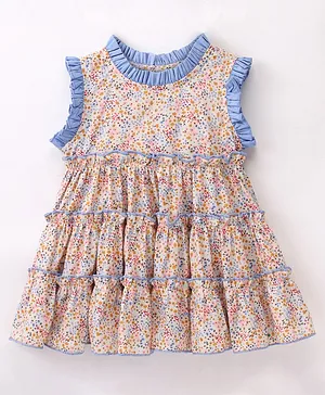 Hugsntugs Sleeveless Ditsy Floral Printed & Contrast Frill Detailed Tiered Top - Cream & Blue