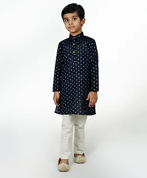 Mittenbooty Full Sleeves Zari Butta Motif Detailed Kurta Pyjama Set -  Navy Blue