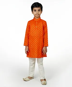 Mittenbooty Full Sleeves Zari Butta Motif Detailed Kurta Pyjama Set - Orange