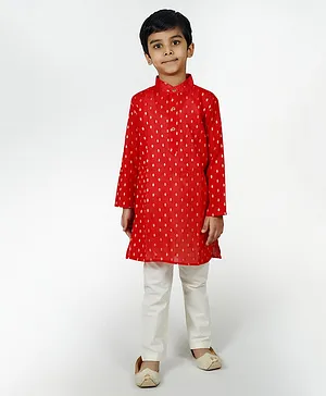 Mittenbooty Full Sleeves Zari Butta Motif Detailed Kurta Pyjama Set - Red