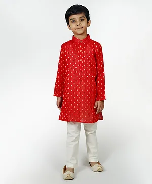 Mittenbooty Full Sleeves Zari Butta Motif Detailed Kurta Pyjama Set - Red
