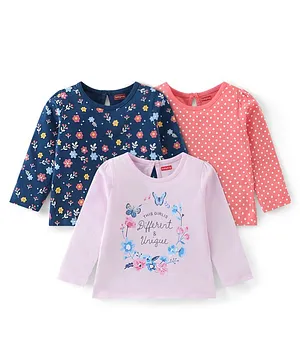Babyhug 100% Cotton Knit Full Sleeves Floral & Polka Dots Graphics T-Shirts Pack of 3 - Multicolour