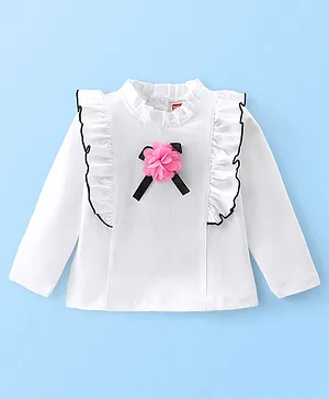 Babyhug Cotton Knit Full Sleeves Winter Top with Frill & Corsage Detailing - White