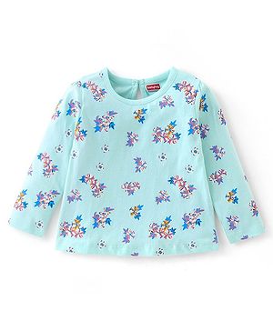 Babyhug Cotton Knit Full Sleeves Floral Printed T-Shirt - Blue
