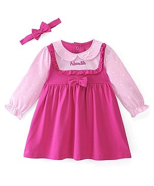 Babyhug Cotton Knit Full Sleeves Frock with Headband & Bow Applique - Pink