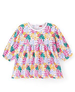 Babyhug Cotton Knit Full Sleeves Frock Leafy Print - Multicolor