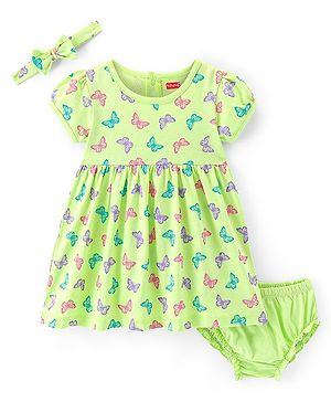 Babyhug Cotton Knit Half Sleeves Frock with Bloomer & Headband Butterfly Printed - Green