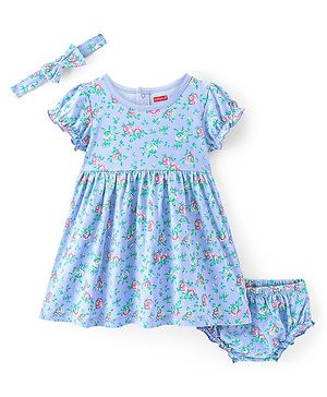 Babyhug Cotton Knit Half Sleeves Frock with Bloomer & Hairband Floral Printed - Blue