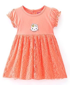 Babyhug 100% Cotton Half Sleeves Frock With Kitty Print - Peach