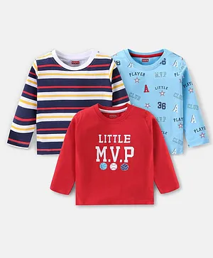 Babyhug 100% Cotton Knit Full Sleeves T-Shirt Striped & Graphics Text Print Pack of 3 - Blue & Red