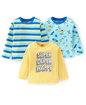 Babyhug 100% Cotton Knit Full Sleeves Striped & Text Graphics T-Shirts Pack of 3  - Multicolour