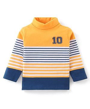 Babyhug Cotton Lycra Knit Full Sleeves Striped T-Shirt Number Graphics - Yellow & Navy Blue