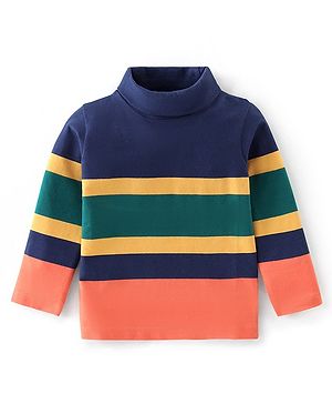 Babyhug Cotton Knit Full Sleeves Striped Skivi T-Shirt - Navy Blue & Orange