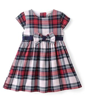 Babyhug Woven Yard Dyed Half Sleeves Checks Frock with Bow Applique - Red