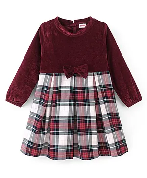 Babyhug 100% Cotton Woven Yarn Dyed Full Sleeves Dress Checkered with Bow Applique  - Dark Red