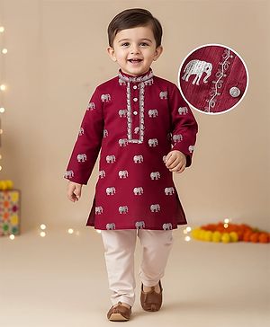 Babyhug Woven Full Sleeves Foil Printed Kurta & Pyjama Set - Maroon & White