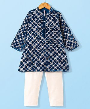 Babyhug Full Sleeves Sequined Embroidered Kurta with Pyjama Set - Teal