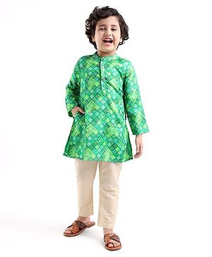 Babyhug Full Sleeves Printed with Sequenced Embroidered Kurta & Pyjama Set - Green