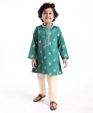 Babyhug Full Sleeves Rendier Print & Embroidered Kurta with Solid Pyjama Set-Teal