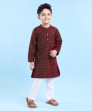 Babyhug Full Sleeves Sequined Embroidered Kurta Pyjama Set - Maroon