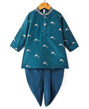 Babyhug Woven Full Sleeves Foil Printed Kurta & Dhoti Set - Teal Blue