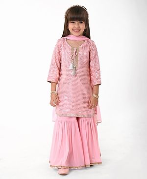 Babyhug Three Fourth Sleeves Sequenced & Embroidered Kurti with Sharara & Dupatta Set - Pink