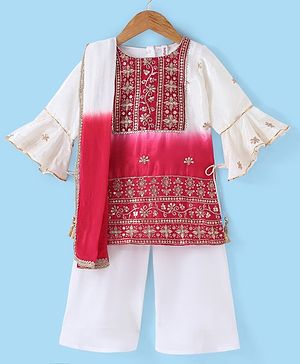 Babyhug Three Fourth Sleeve Shaded Floral Embroidered Kurti Palazo Set with  Dupatta-Off White
