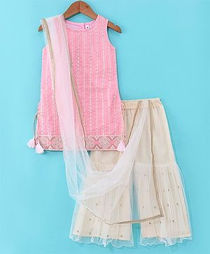 Babyhug Sleeveless Sequenced Embroidered Kurti with Sharara and Dupatta Set - Pink