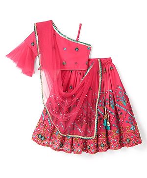 Babyhug One Shoulder Sleeves  Choli Printed with Mirror Embroidered Lehenga and Dupatta - Hot Pink