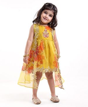 Babyhug Woven Sleeveless Ethnic Dress & Jacket Set With Floral Printed & Embroidery - Yellow