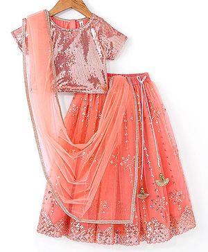 Babyhug Woven Sequined Lehenga and Half Sleeves Choli Set with Lace Border Dupatta - Red