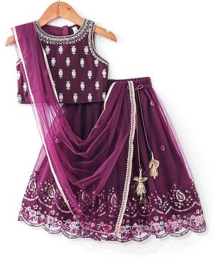 Babyhug Sleeveless Sequined Floral Embroidered Choli Lehenga and Dupatta Set - Wine