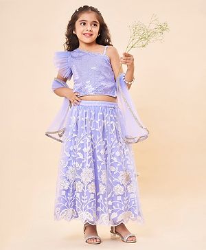 Babyhug Sleeveless Sequenced Choli & Floral Embroidered Lehenga with Dupatta Set - Lavender