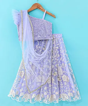 Babyhug Sleeveless Sequenced Choli & Floral Embroidered Lehenga with Dupatta Set - Lavender