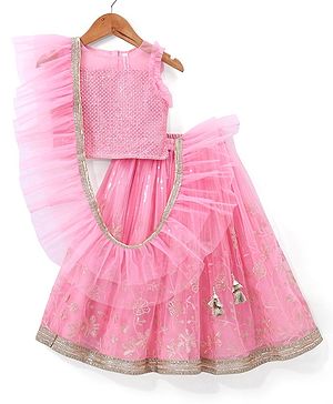 Babyhug Sleeveless Sequenced Choli with Embroidered Lehenga and Dupatta - Pink