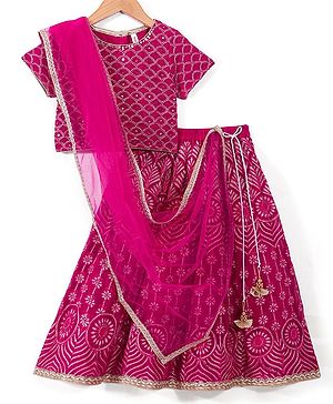 Babyhug Half Sleeves Sequenced Choli with Embroidered Lehenga and Dupatta Set - Fuschia