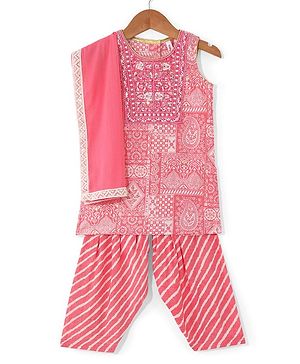 Babyhug Woven Sleeveless Kurti & Churidar Set with Dupatta Ajrakh Print - Pink