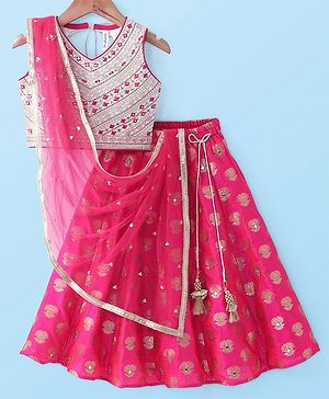 Babyhug Sleeveless Mirror Embroidered Choli with Brocade Lehenga Set With Dupatta - Fuchsia & White