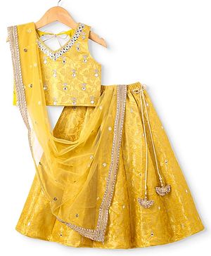 Babyhug  Brocade Sleeveless Floral Printed Choli Lehenga Set with Dupatta - Yellow