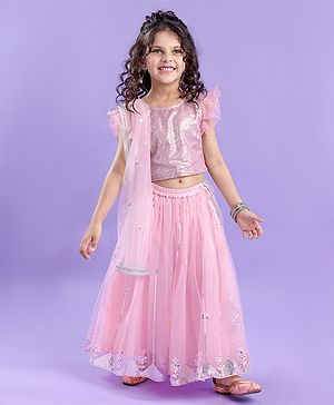 Babyhug Half Sleeve Sequined Choli Lehenga and Dupatta Set - Light Pink