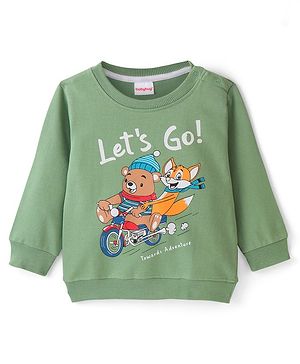 Babyhug 100% Cotton Knit Full Sleeves Sweatshirt With Teddy & Fox Graphics - Green