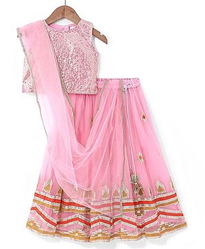 Babyhug Half Sleeveless Sequenced Choli & Lehenga with Dupatta Set - Pink