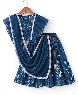 Babyhug Woven Half Sleeves Mirror Embroidered Net Choli Lehenga & Dupatta -Teal