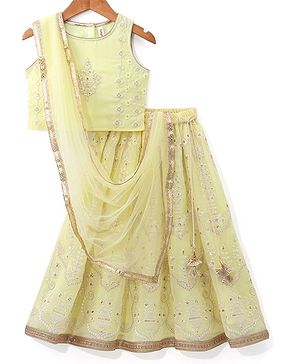Babyhug Sleeveless Choli with Thread Embroidered Lehenga  and Dupatta Set - Yellow