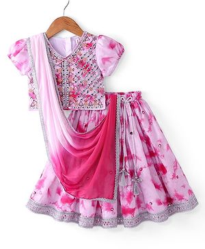 Babyhug Half Sleeves Mirror Embroidered Choli with Tie & Dye Lehenga Set With Dupatta - White & Pink
