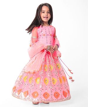 Babyhug Half Sleeves Embroidered Choli with Embroidered Lehenga and Dupatta Set  - Peach